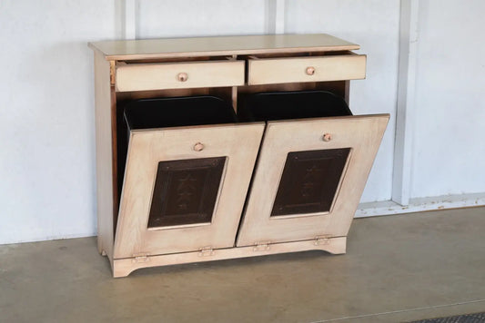 antique white double trash bin with open copper doors