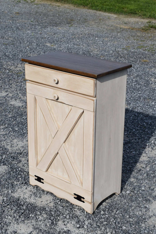 antique white and modern walnut trash bin with x door