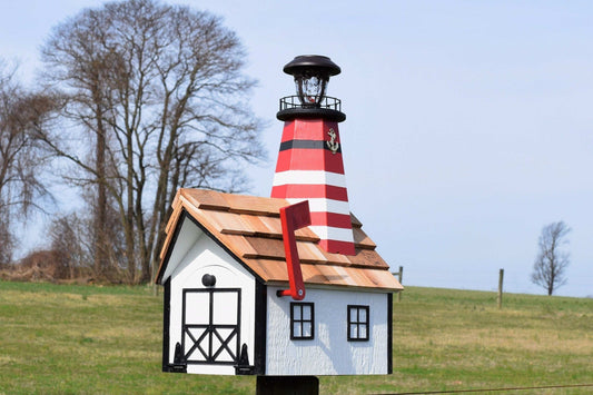 lighthouse mailbox white and red