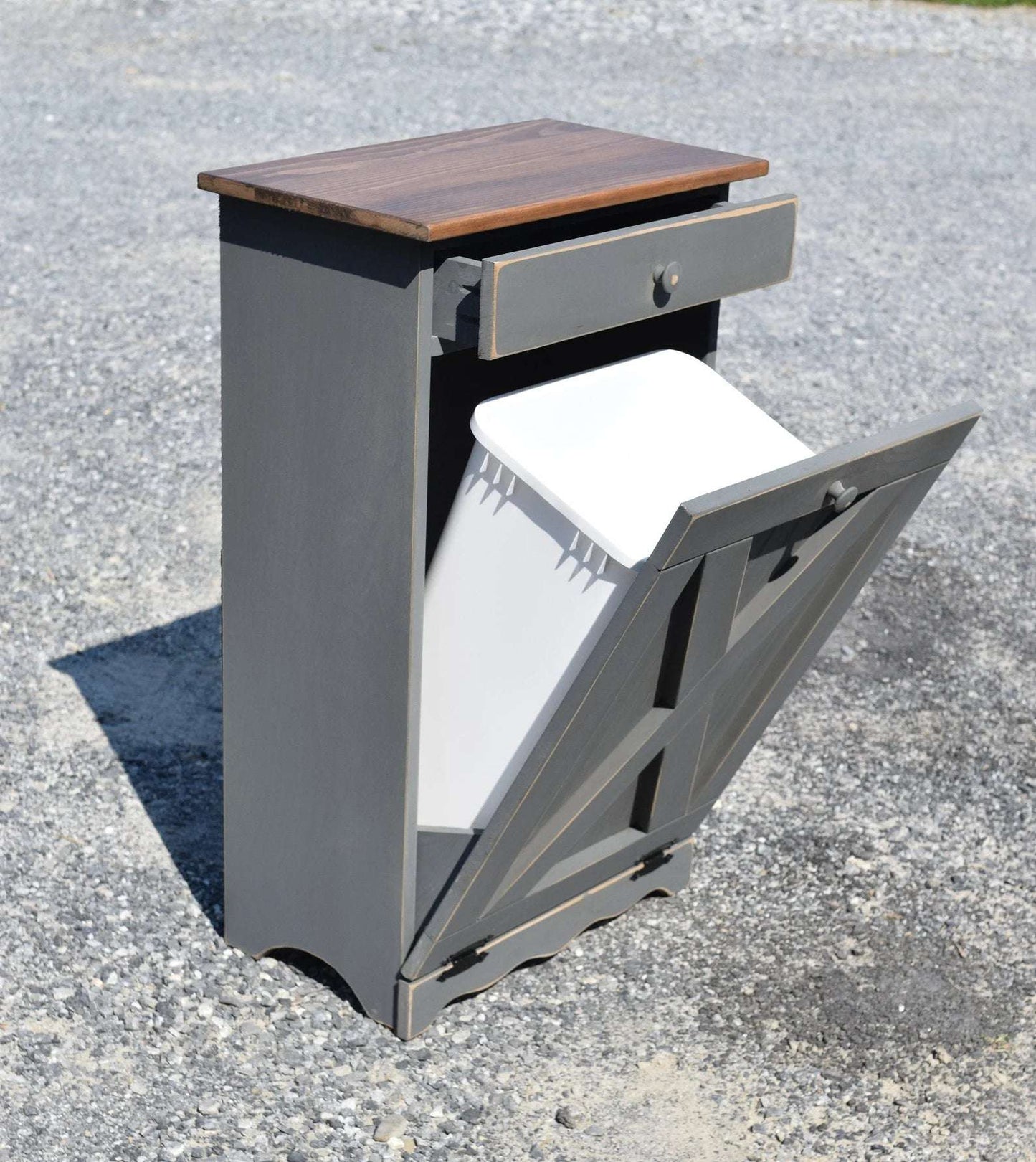 Open door XL grey and modern walnut amish trash bin with x door