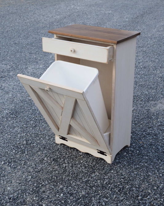 Antique white and modern walnut open door trash bin