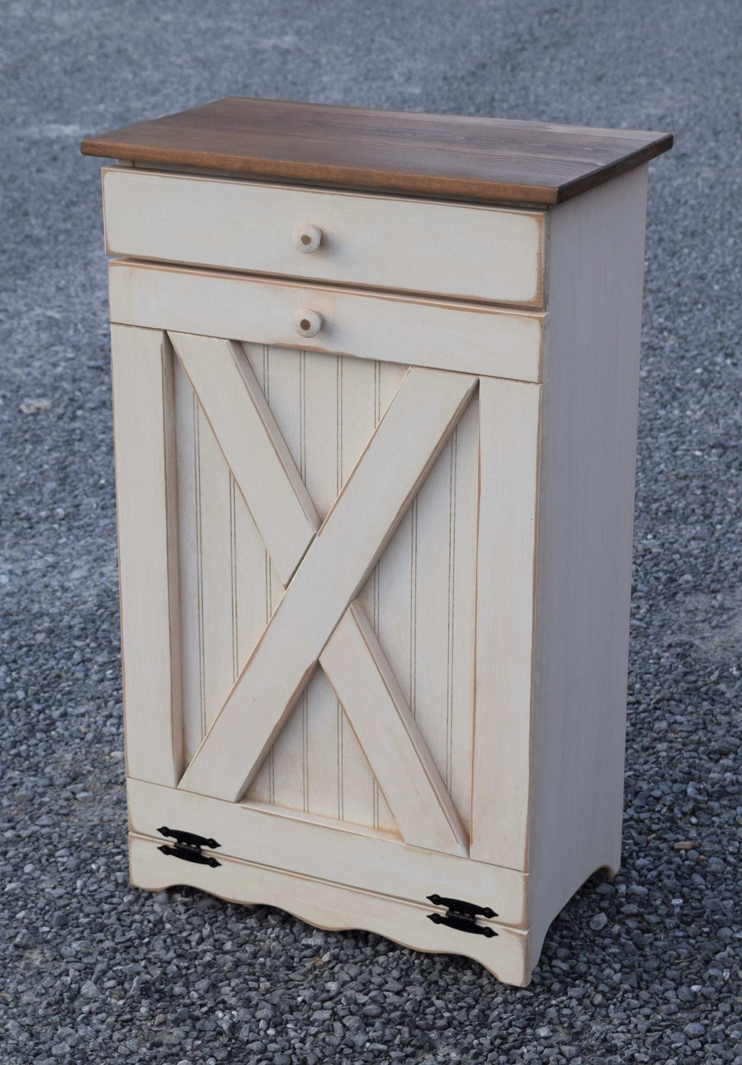 Antique white and modern walnut x door trash bin