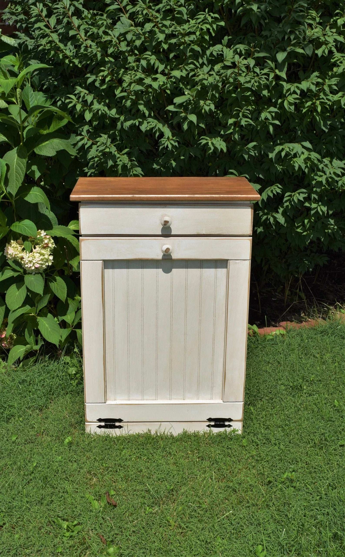 XL amish wooden trash bin antique white and modern walnut standard door