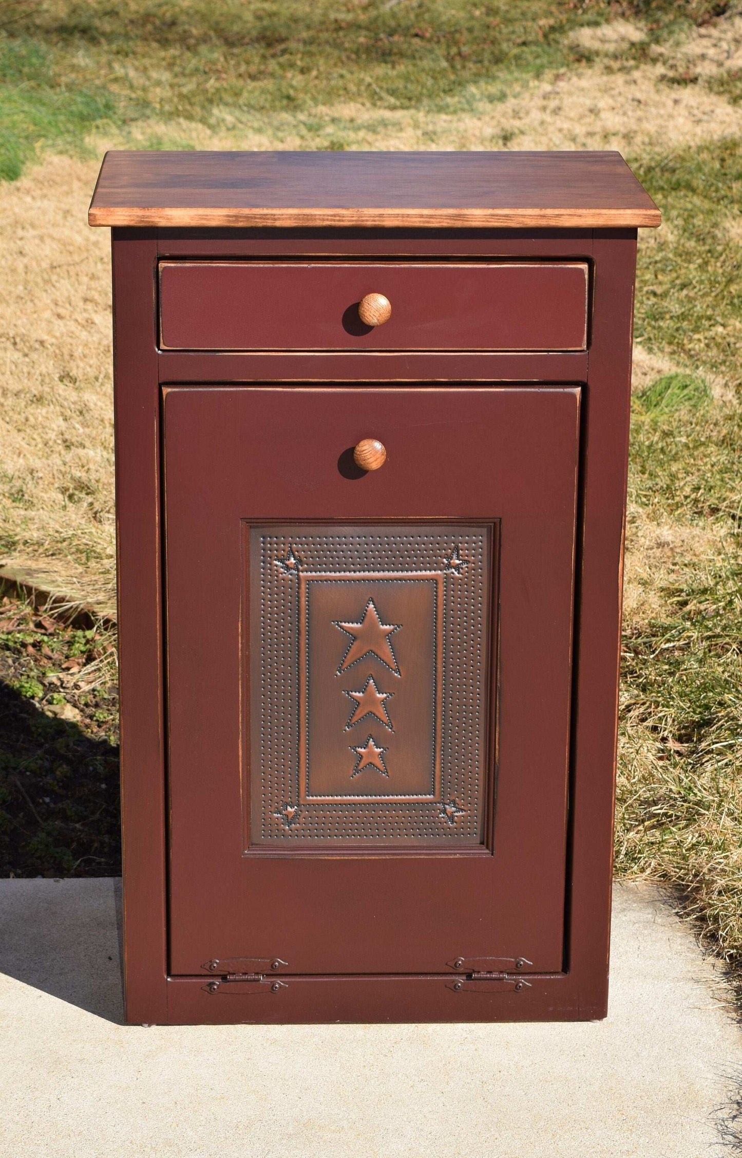 burgundy red and special walnut trash bin with tin door