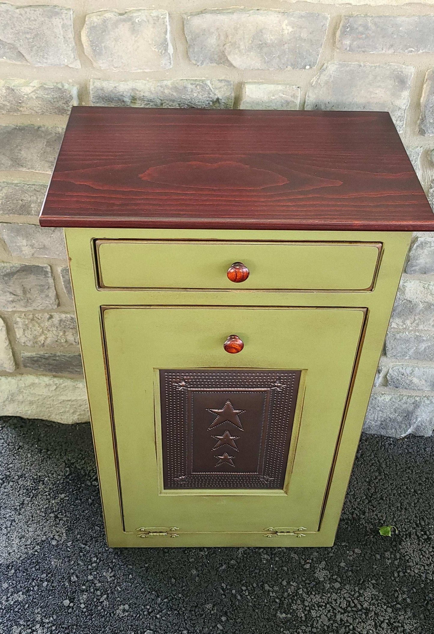 antique green and mission maple tin door trash bin