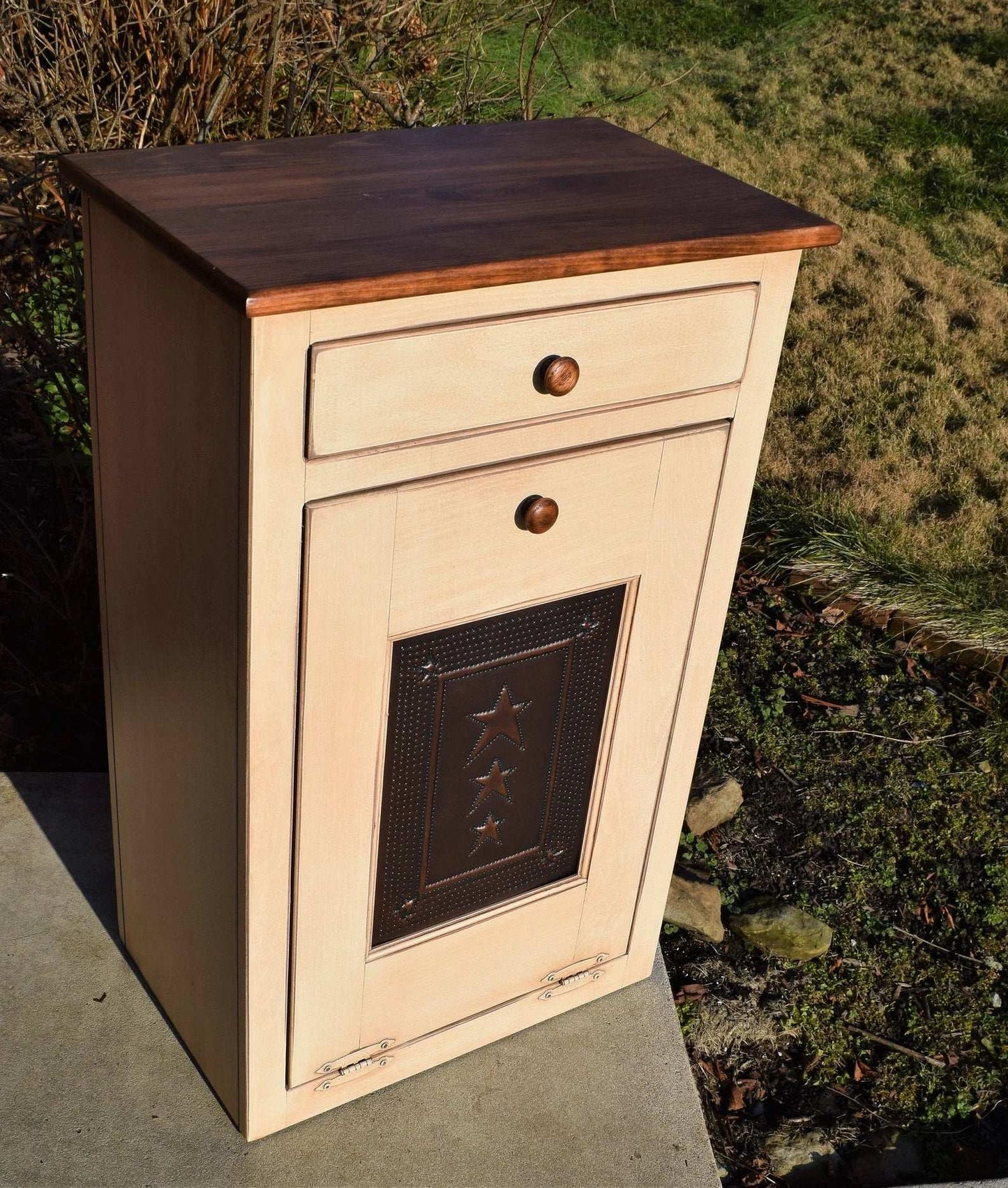 antique white and special walnut trash bin with tin door