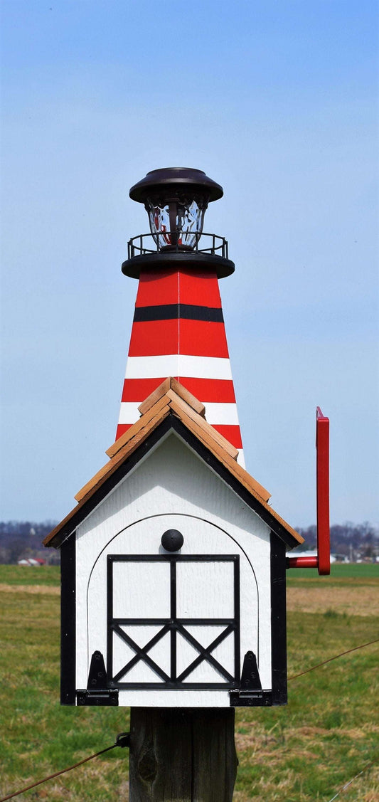 solar powered lighthouse mailbox white and red