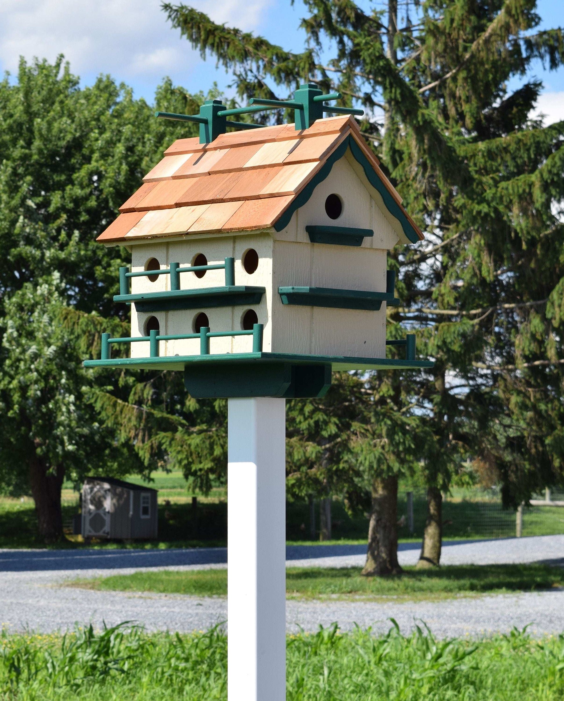 beige and green martin amish birdhouse