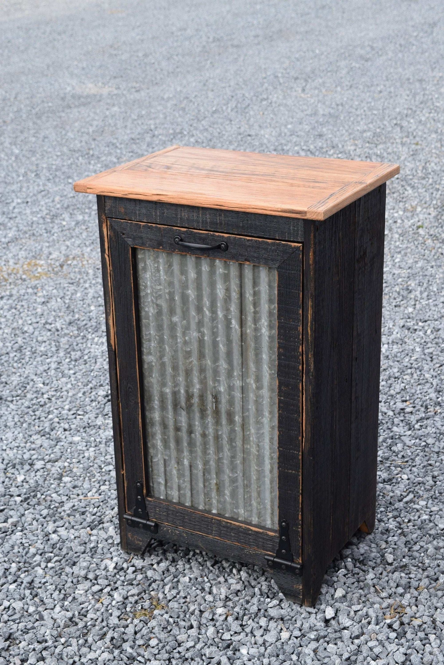 black rustic reclaimed trash bin