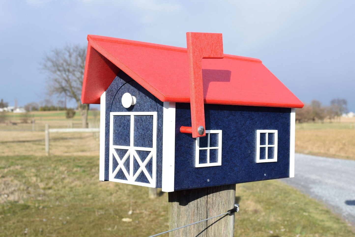 blue white and bright red mailbox