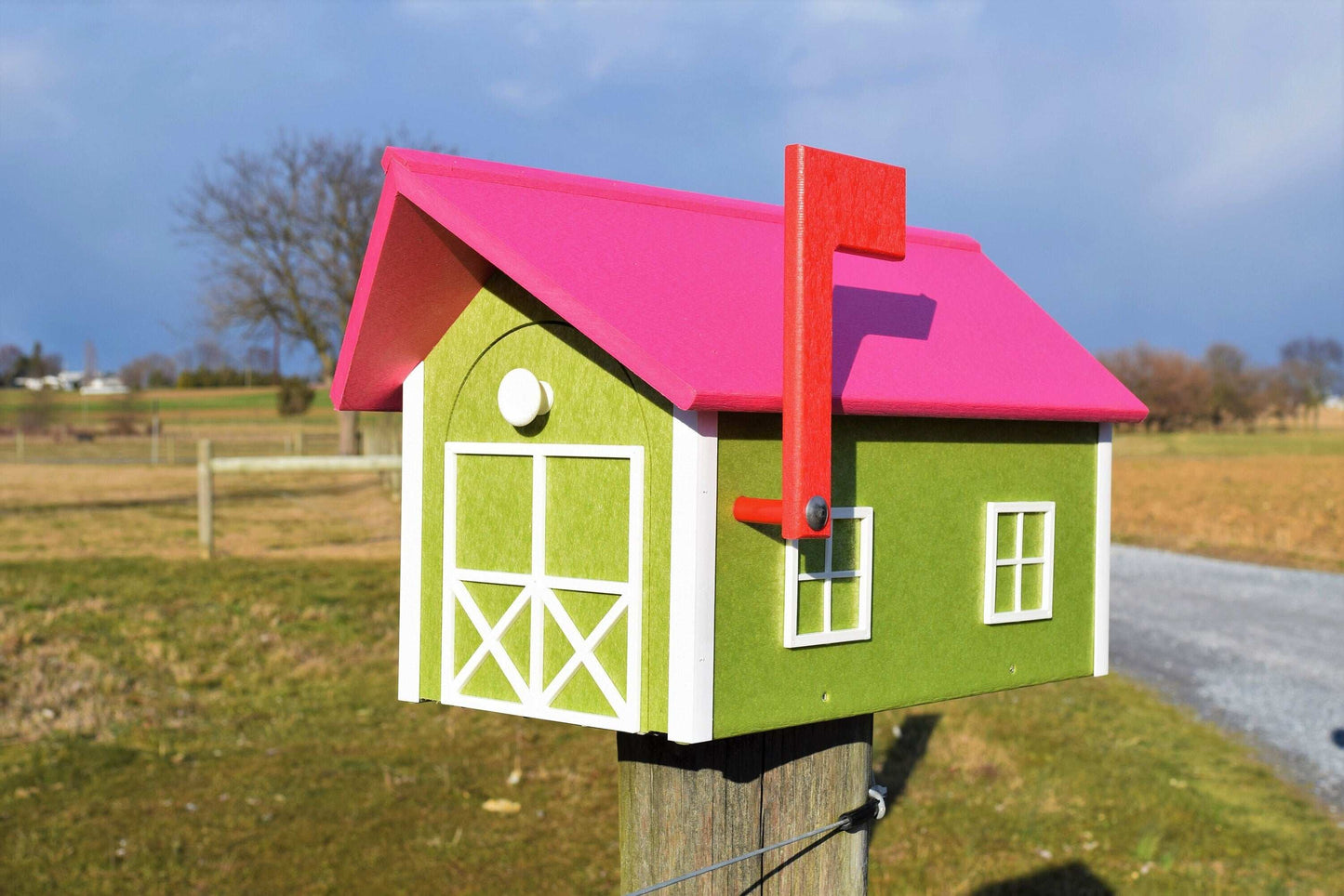 bright green white and bright pink mailbox