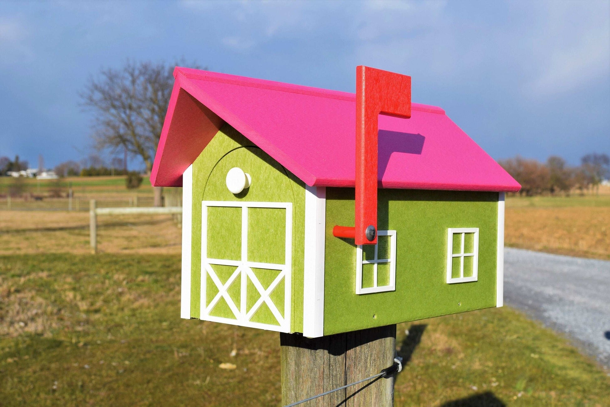 bright green white and bright pink mailbox