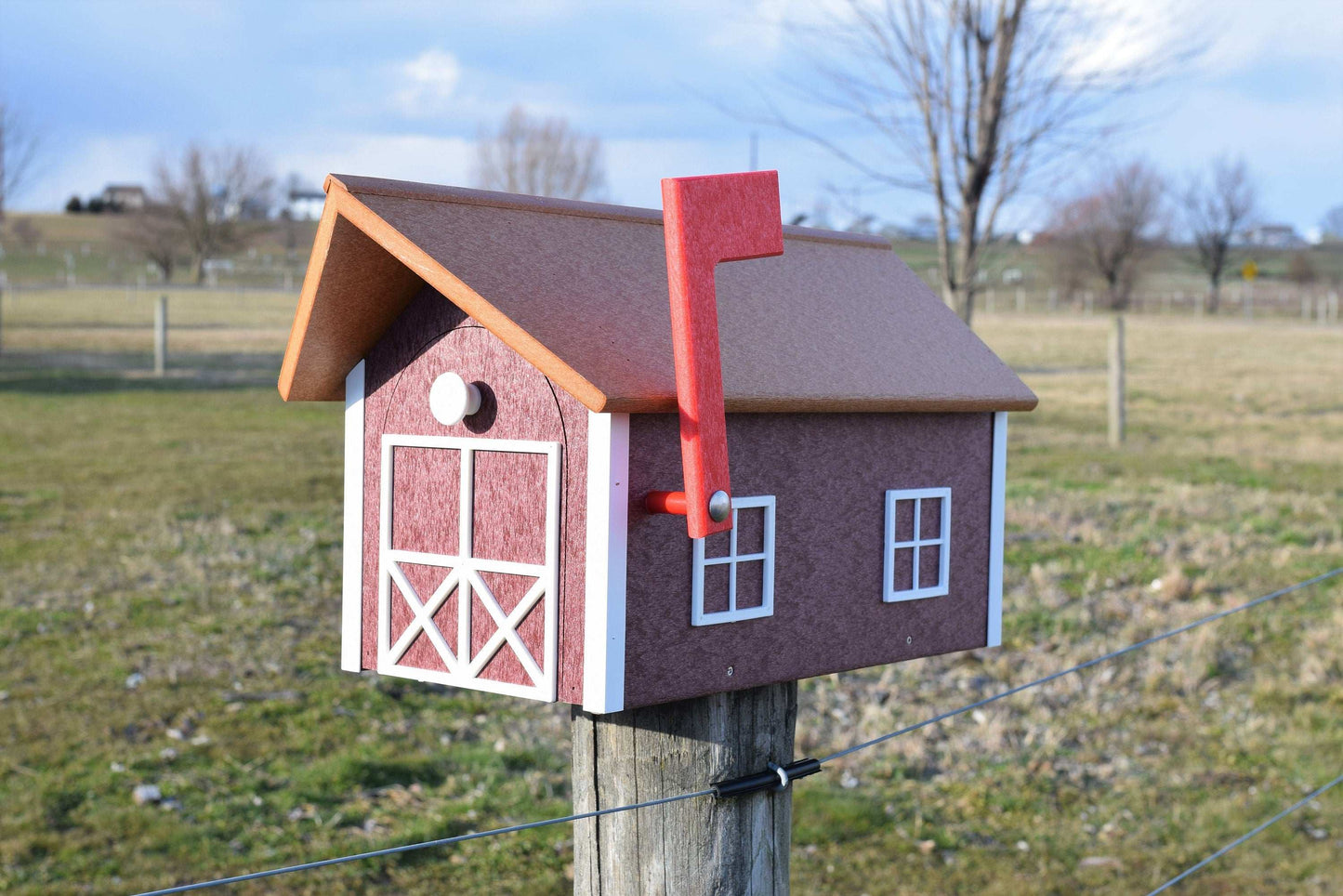 burgundy white and cedar poly mailbox