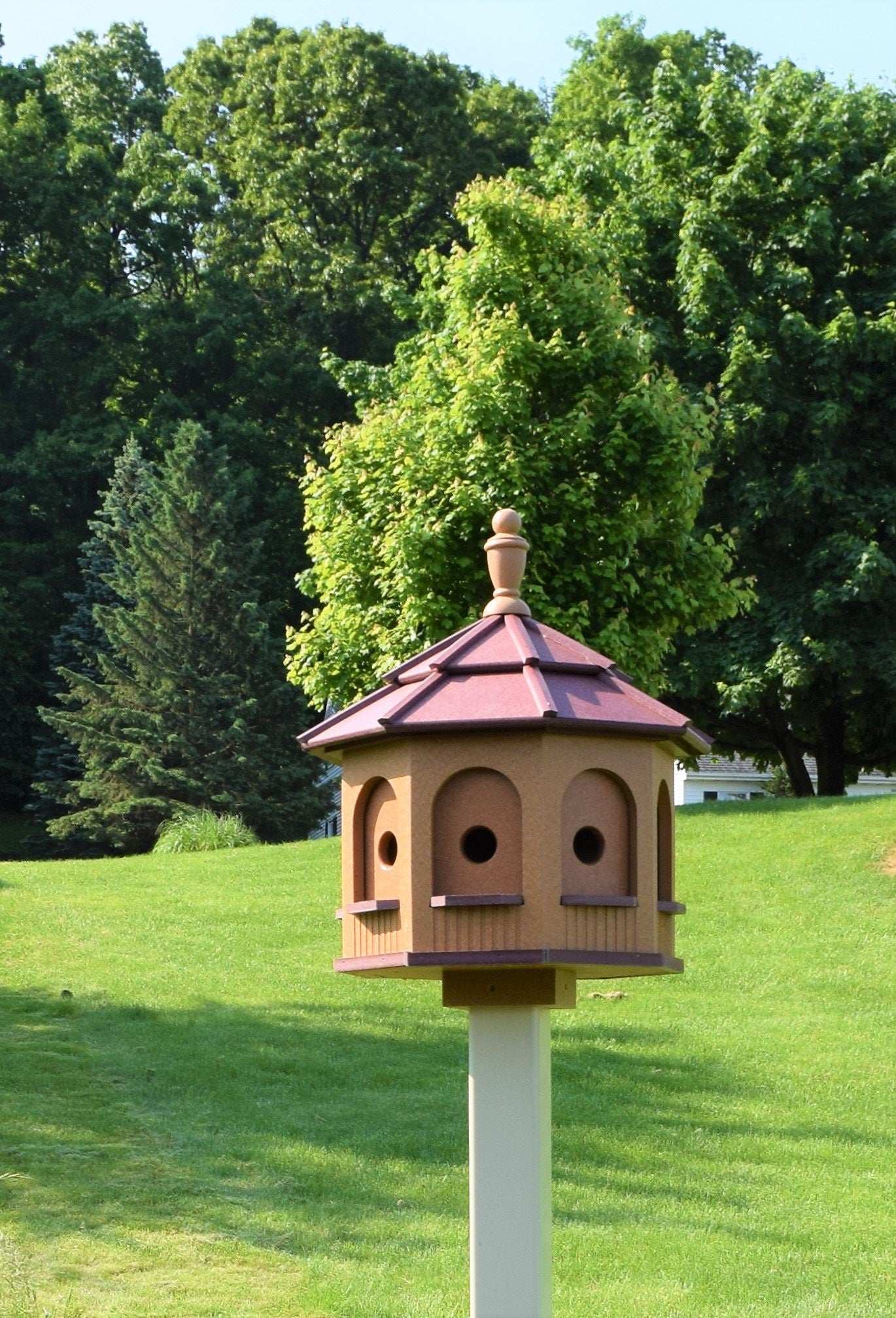 cedar and burgundy red poly birdhouse