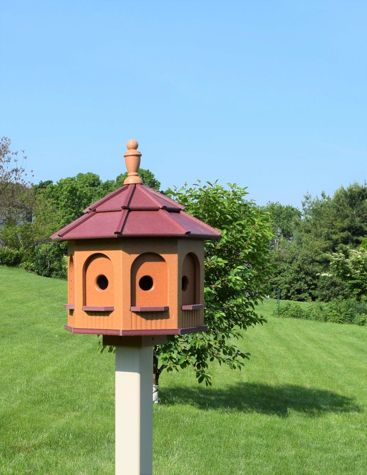 cedar and burgundy red poly birdhouse