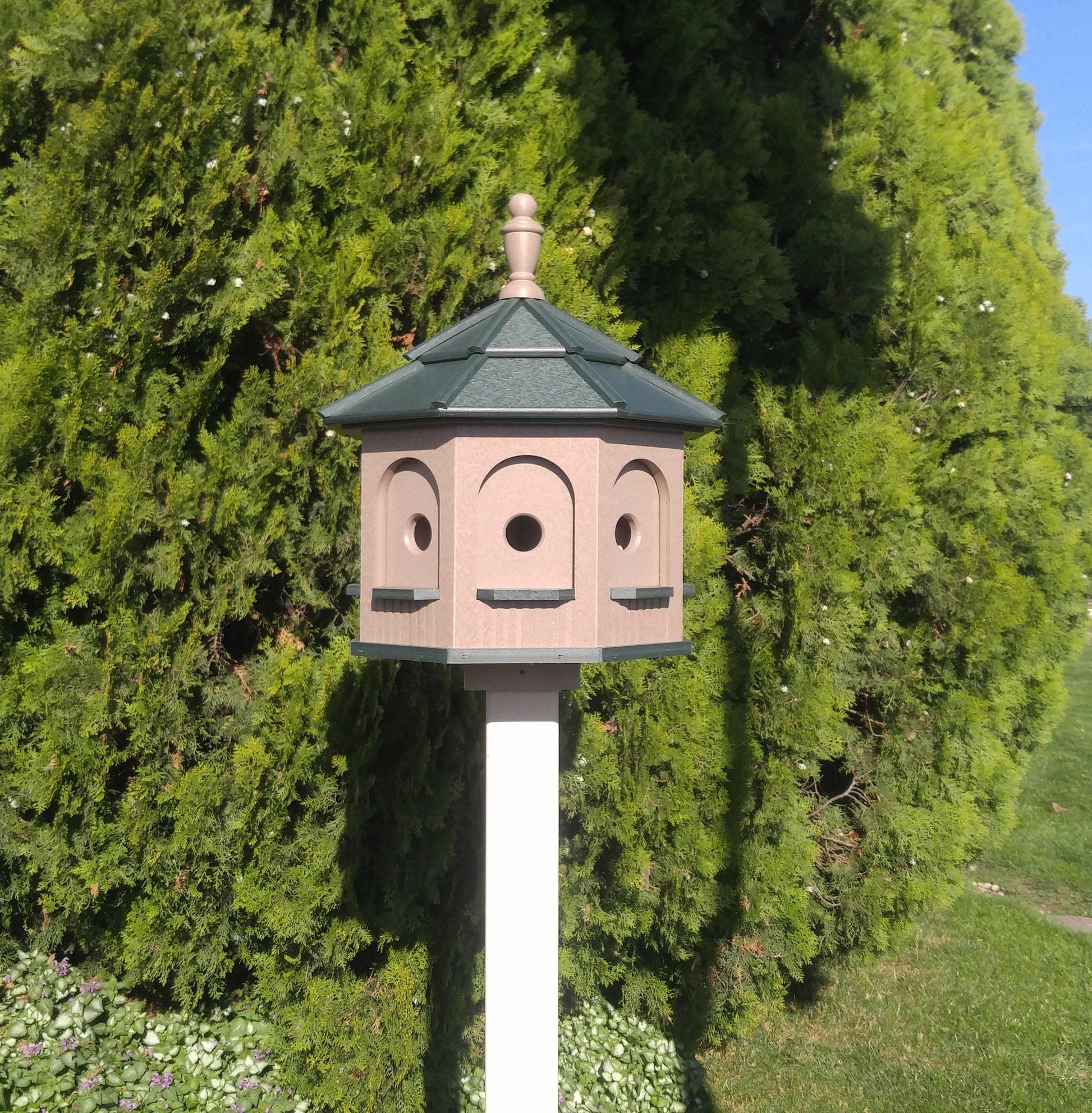 clay and green poly birdhouse