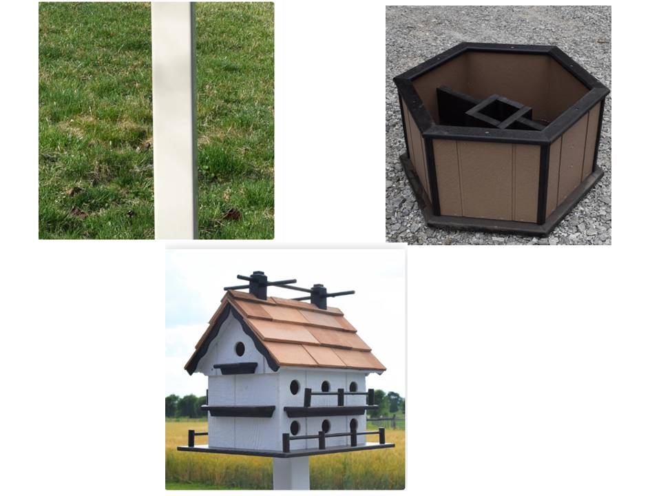 Custom listing one 6'white post, one clay and black planter. one 14 hole martin white and black