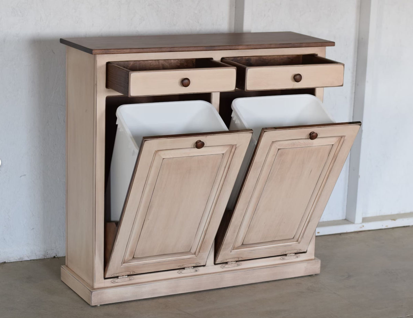 CUSTOM cabinet order listing. chest BOX with bench back rest and a extra large double trash bin cabinet