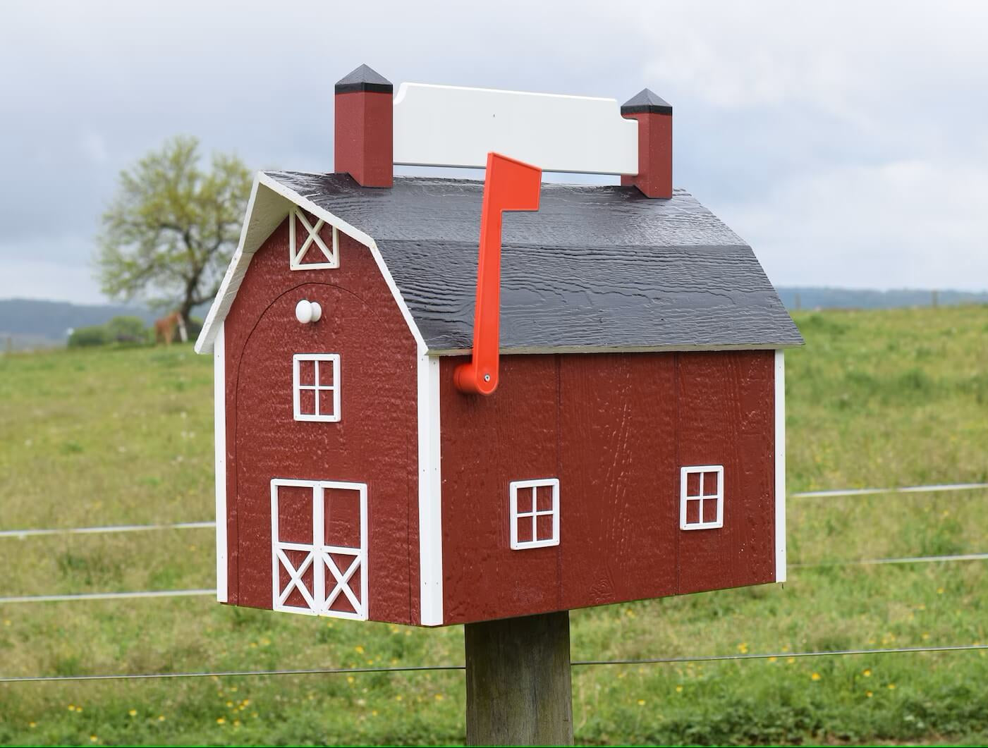 extra large red barn mailbox with nameplate