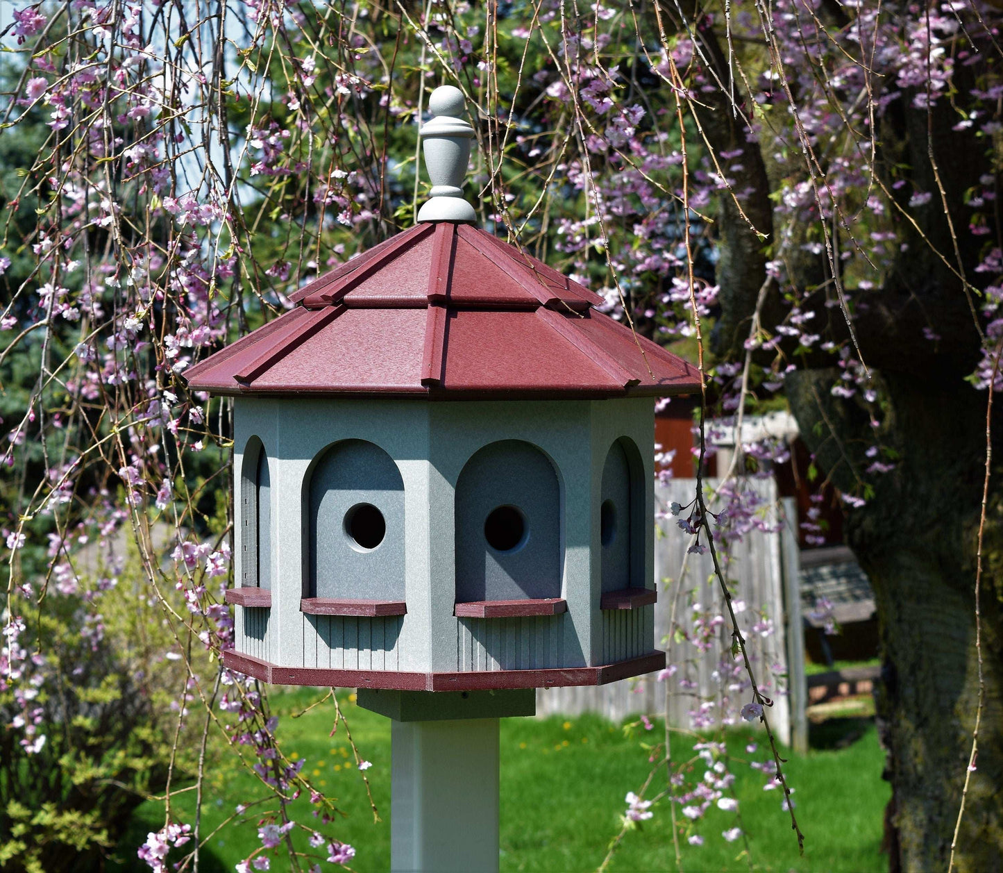 gray and burgundy red poly birdhouse