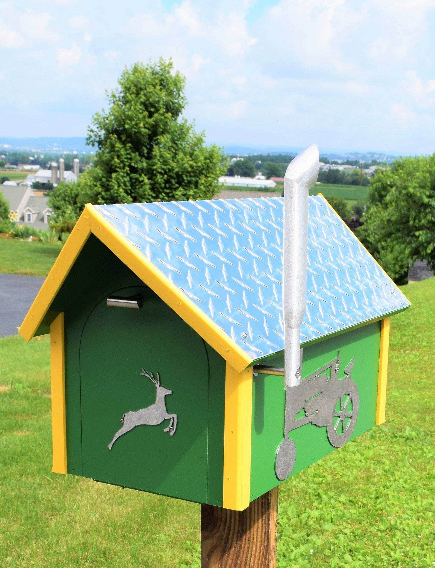 green and yellow farmer mailbox
