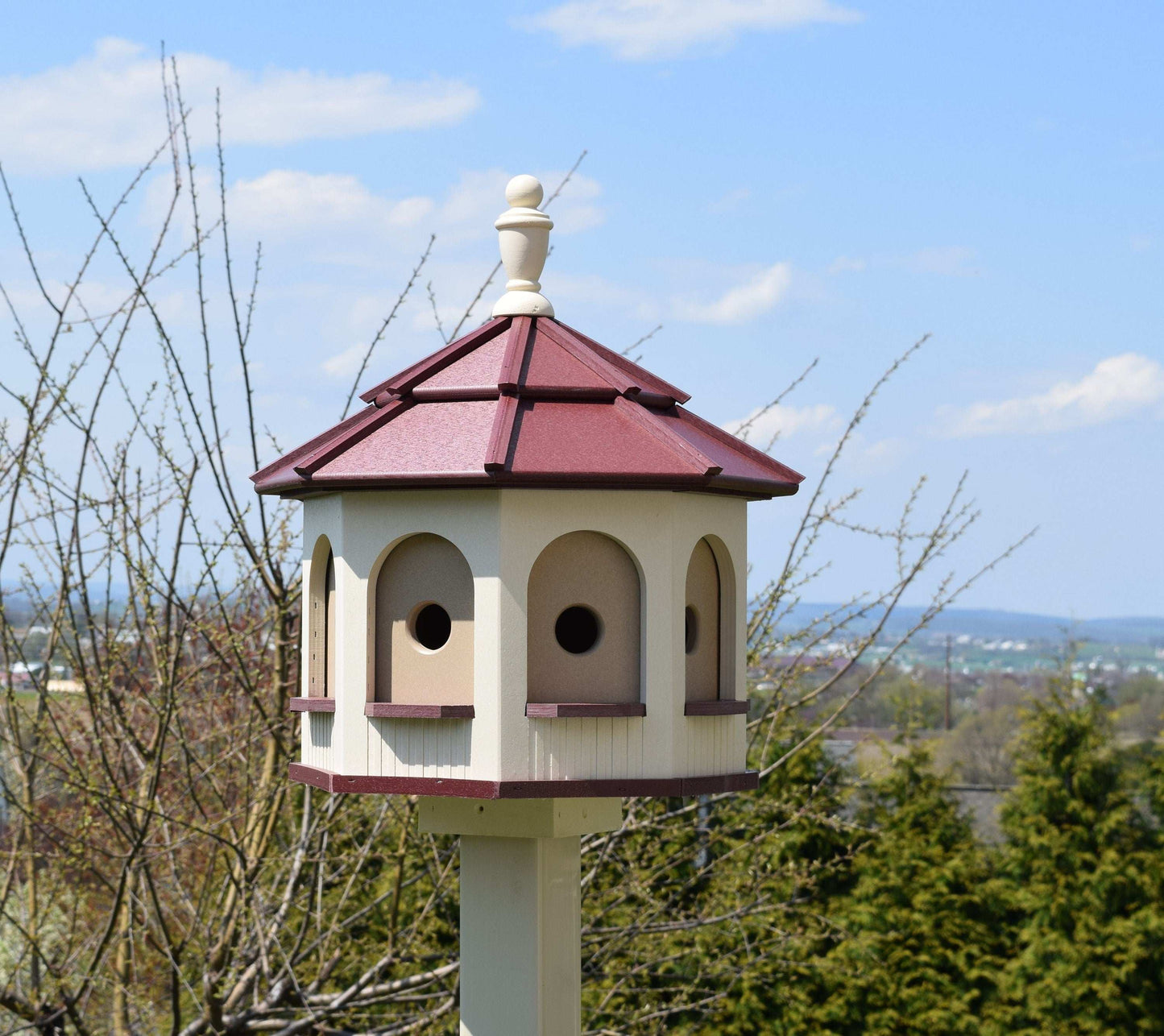 ivory and burgundy red poly birdhouse