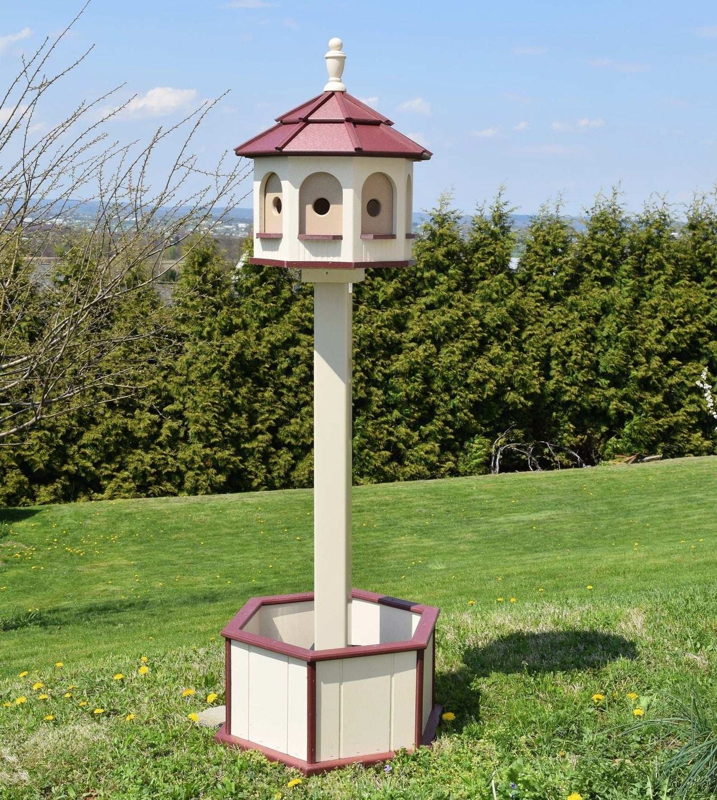 ivory and burgundy red poly birdhouse with post and planter