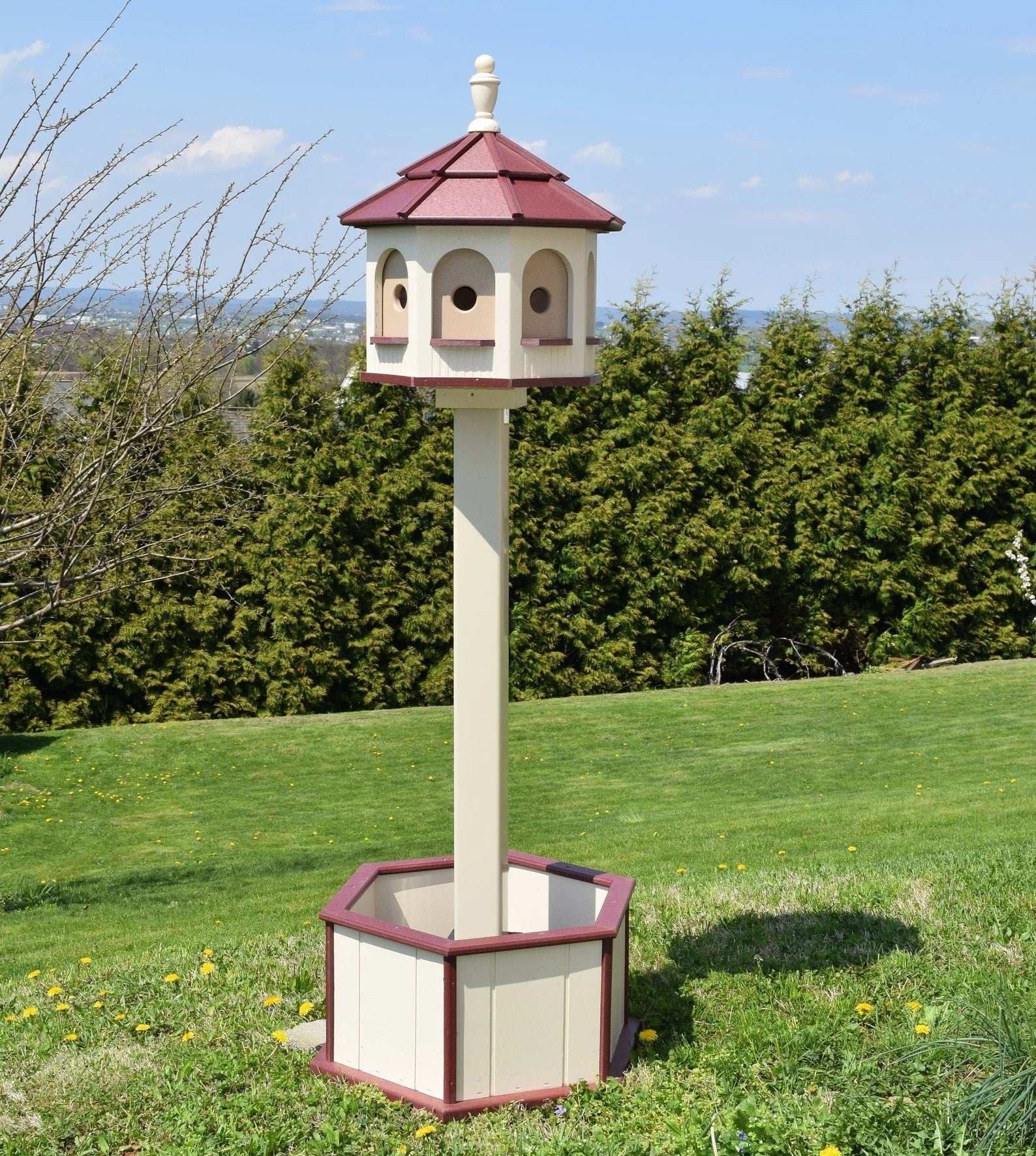 ivory and burgundy red poly birdhouse with post and planter