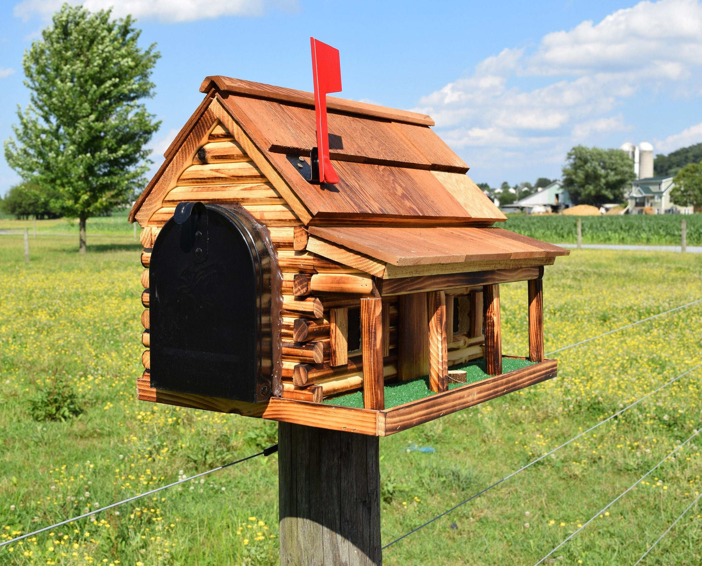 log cabin with porch stain