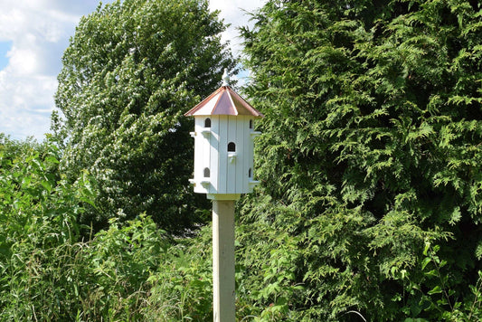 low roof 10 hole wood and copper birdhouse