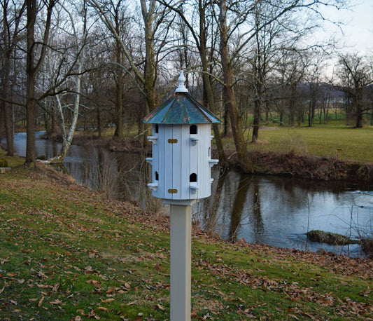 low roof wood and patina birdhouse