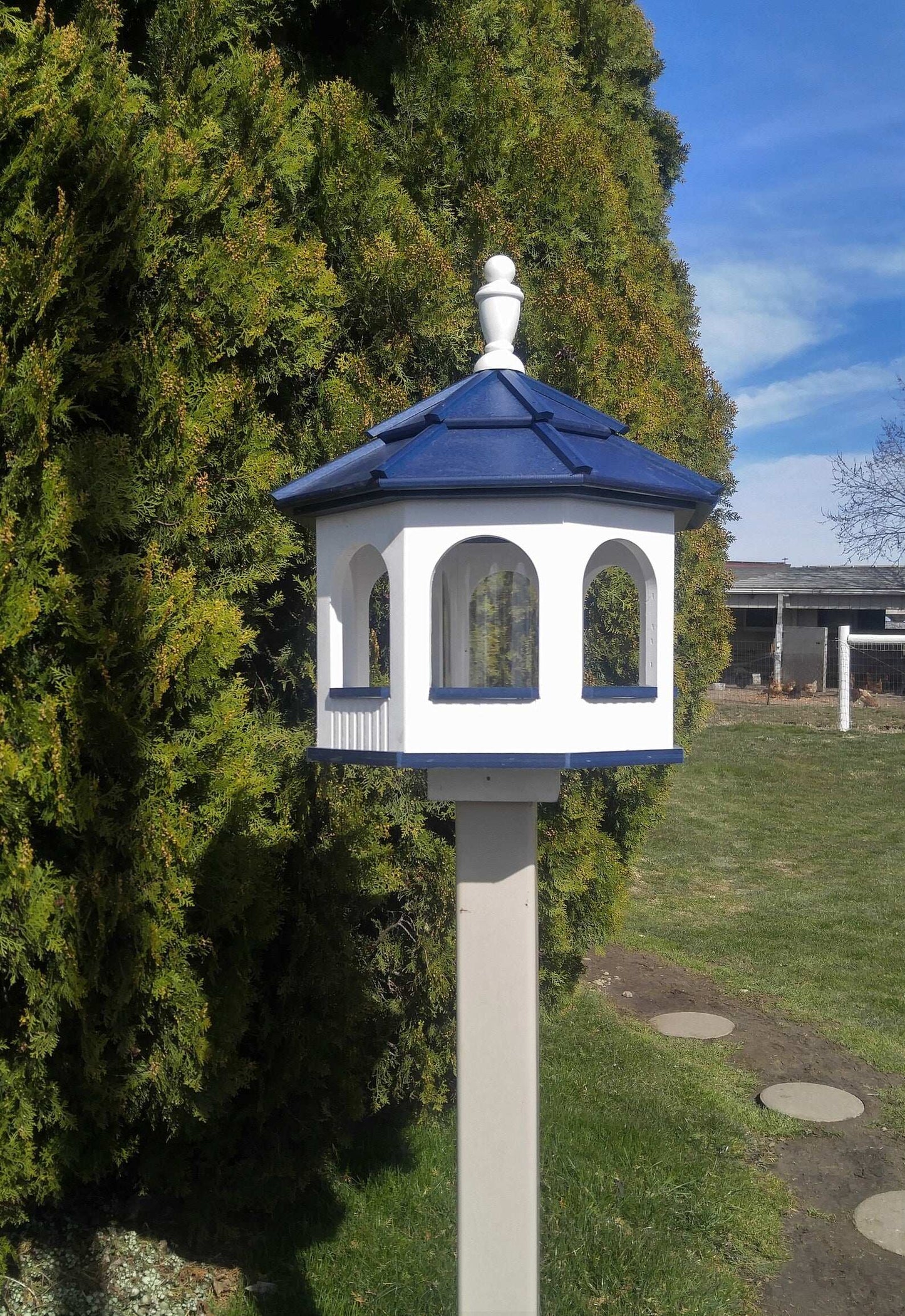 large octagon gazebo bird feeder white and blue