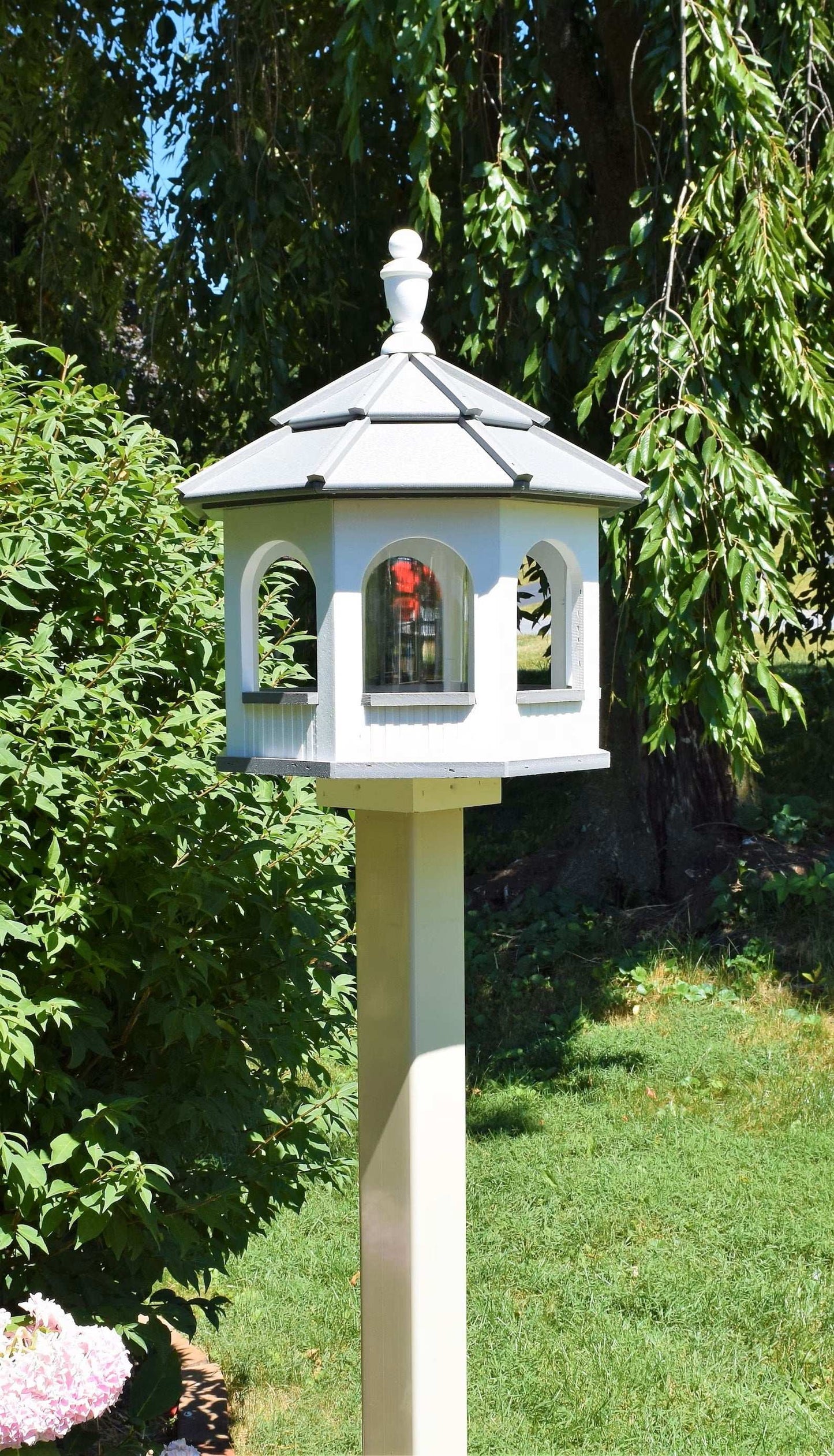 large octagon gazebo bird feeder white and gray