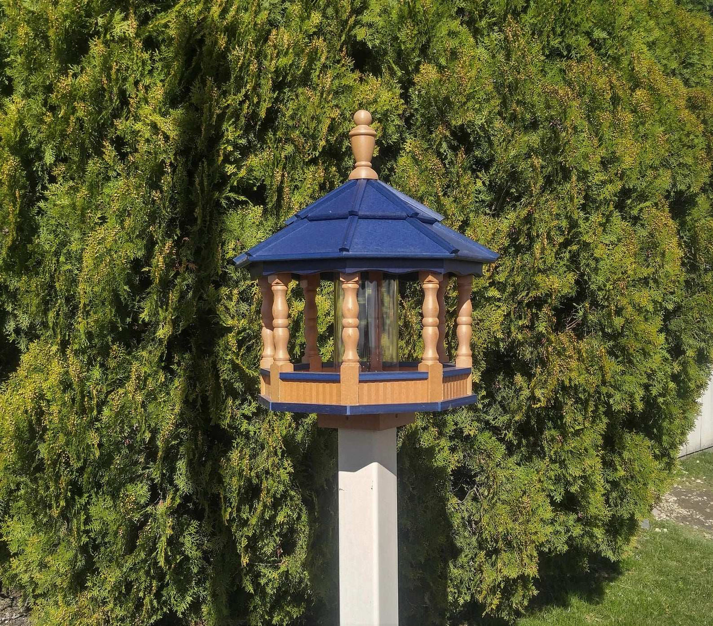 large poly spindle bird feeder cedar and blue