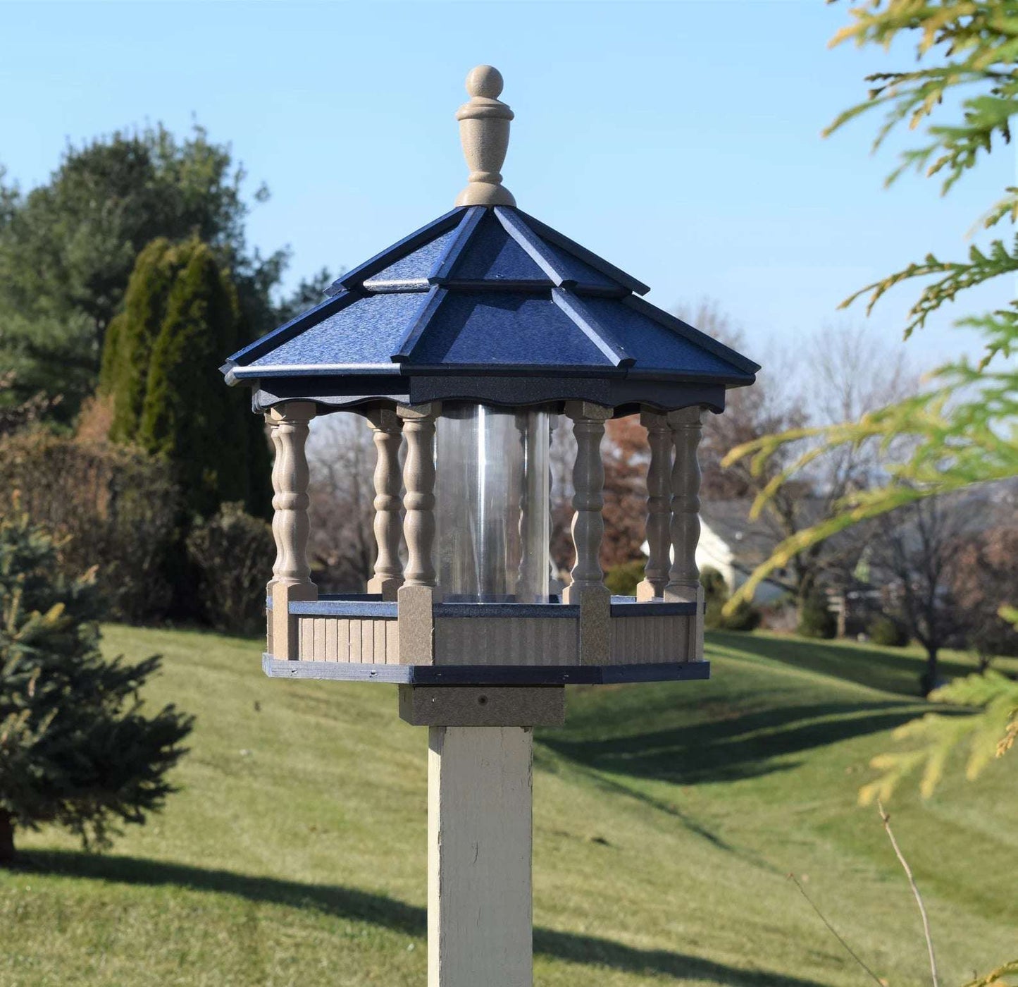 large poly spindle bird feeder clay and blue