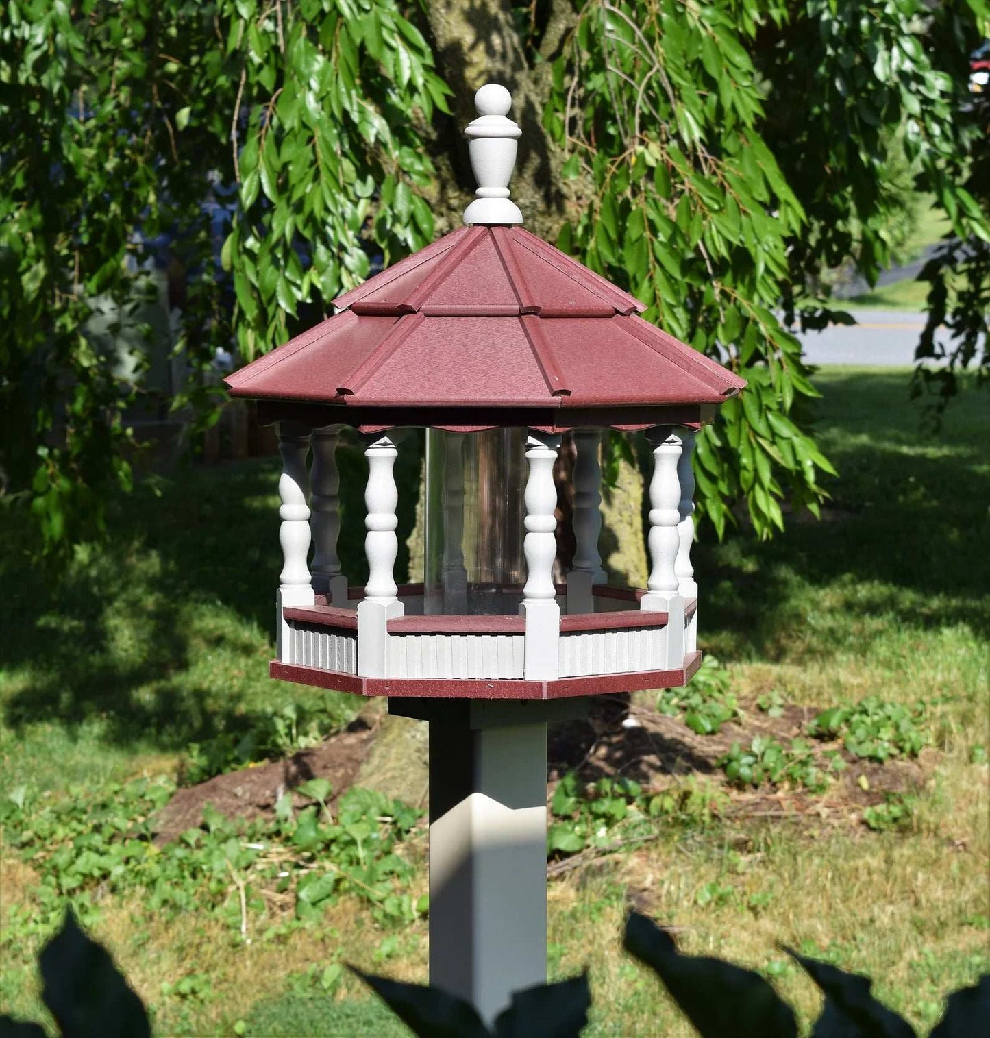large poly spindle bird feeder gray and burgundy