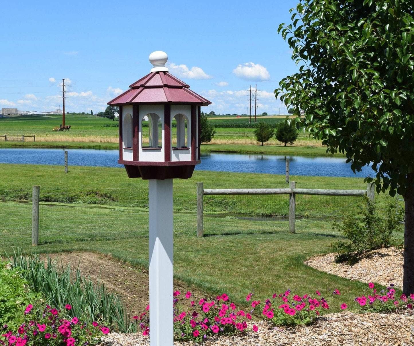 white and burgundy red octagon poly bird feeder