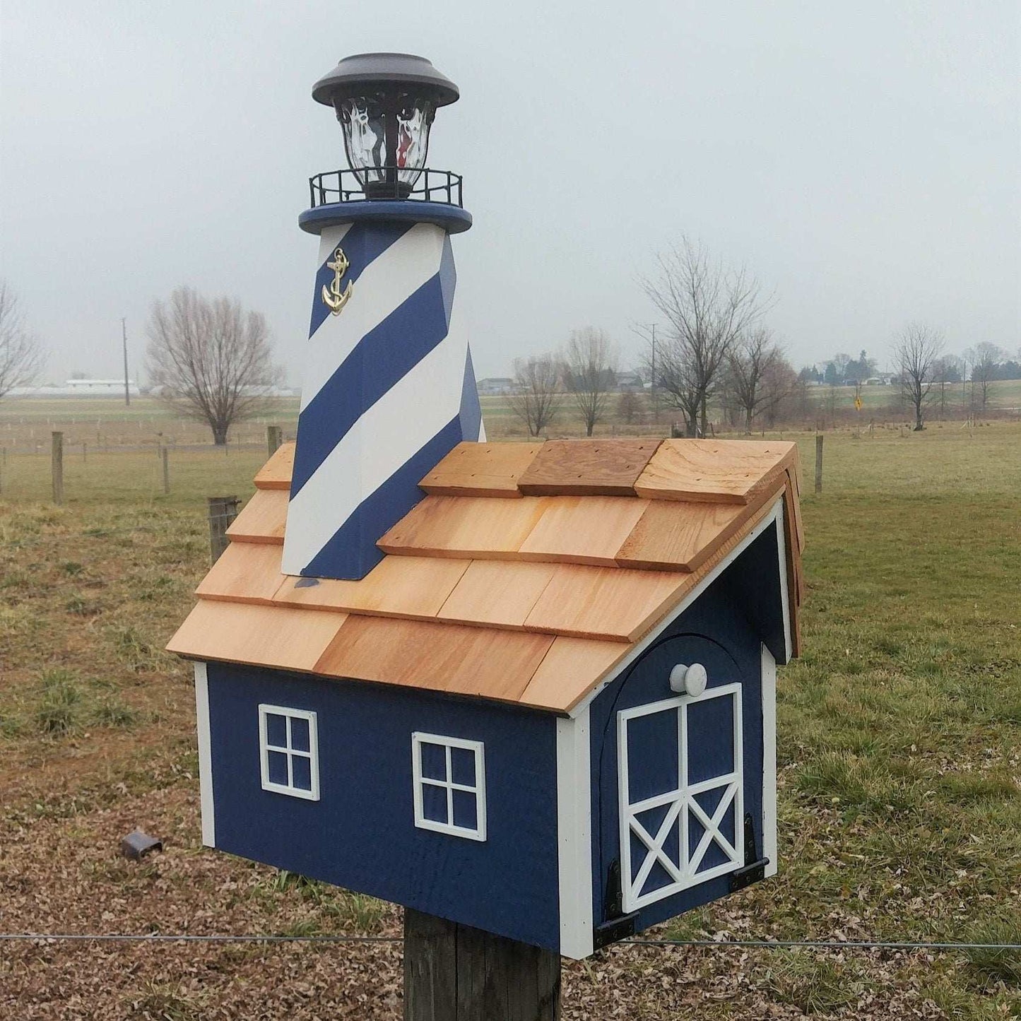 blue and white hatteras lighthouse mailbox
