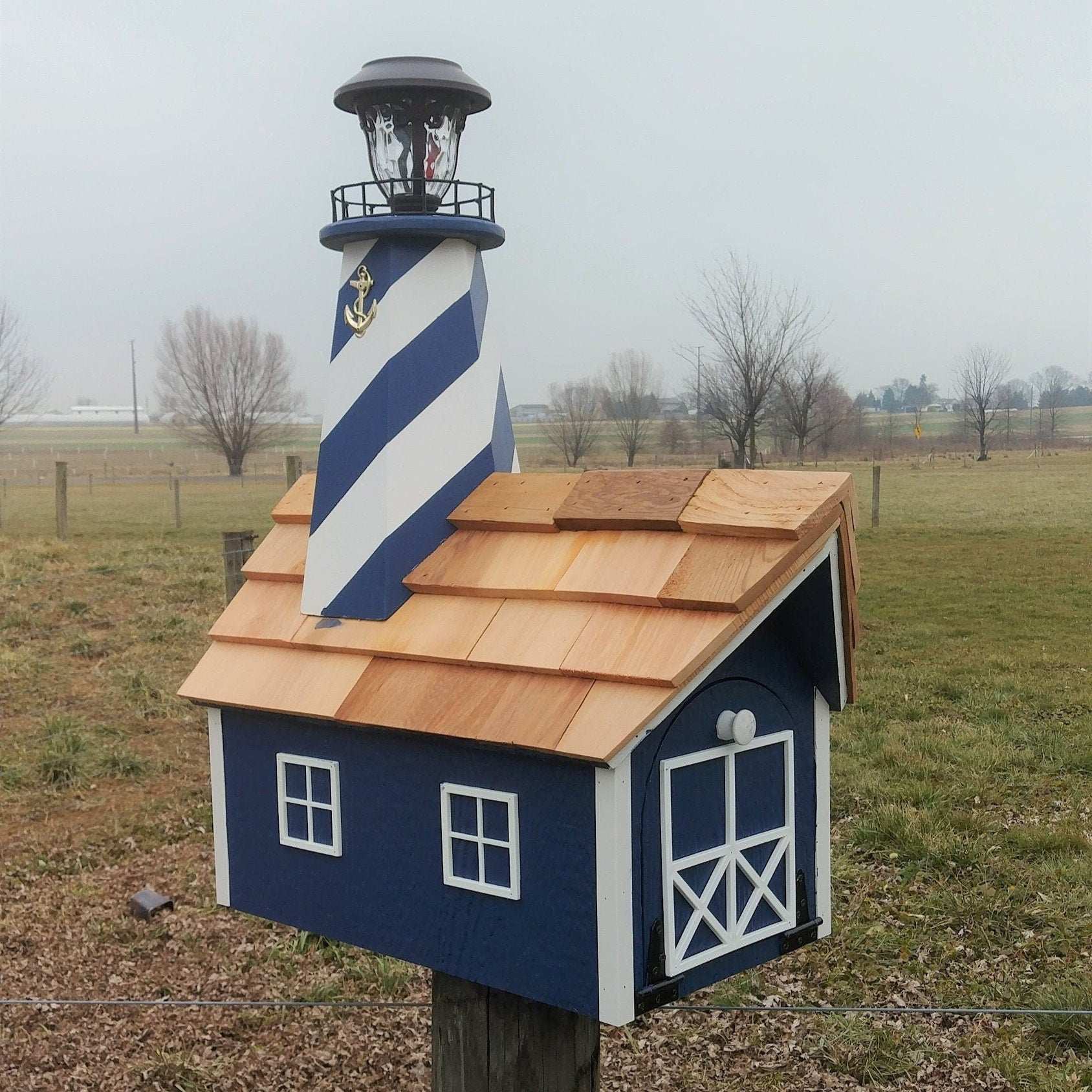 blue and white hatteras lighthouse mailbox