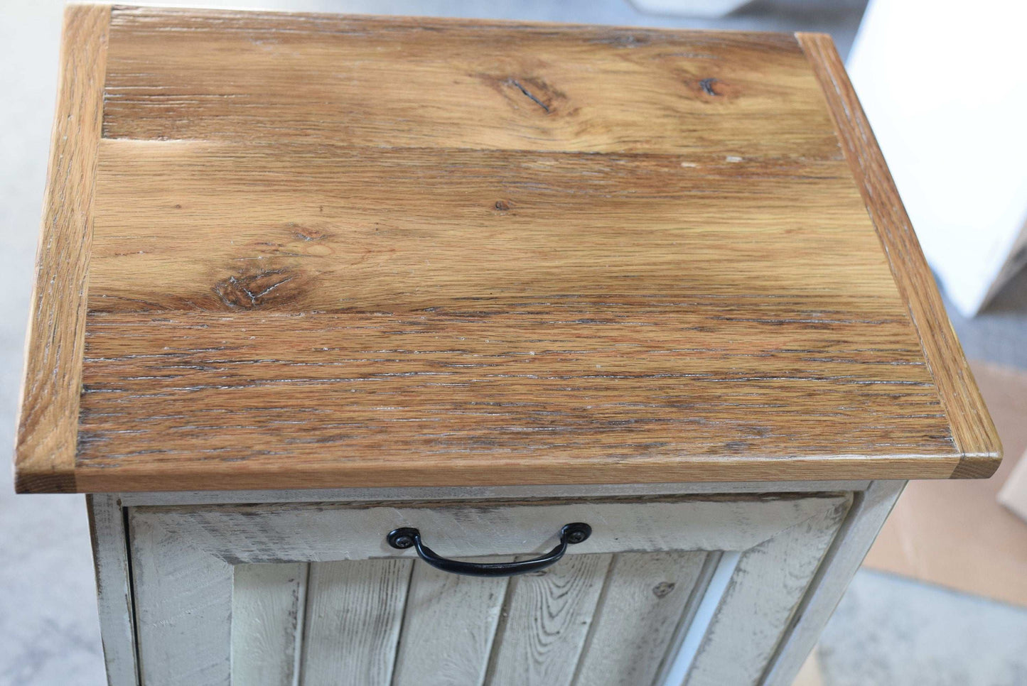 oak top of reclaimed trash bin