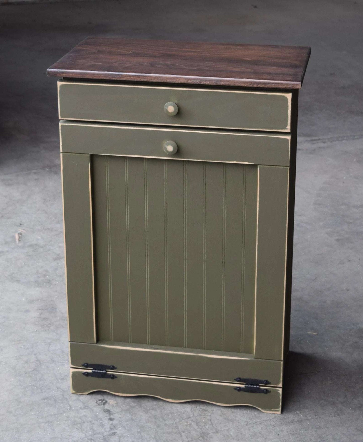 olive green and modern walnut standard wooden trash bin
