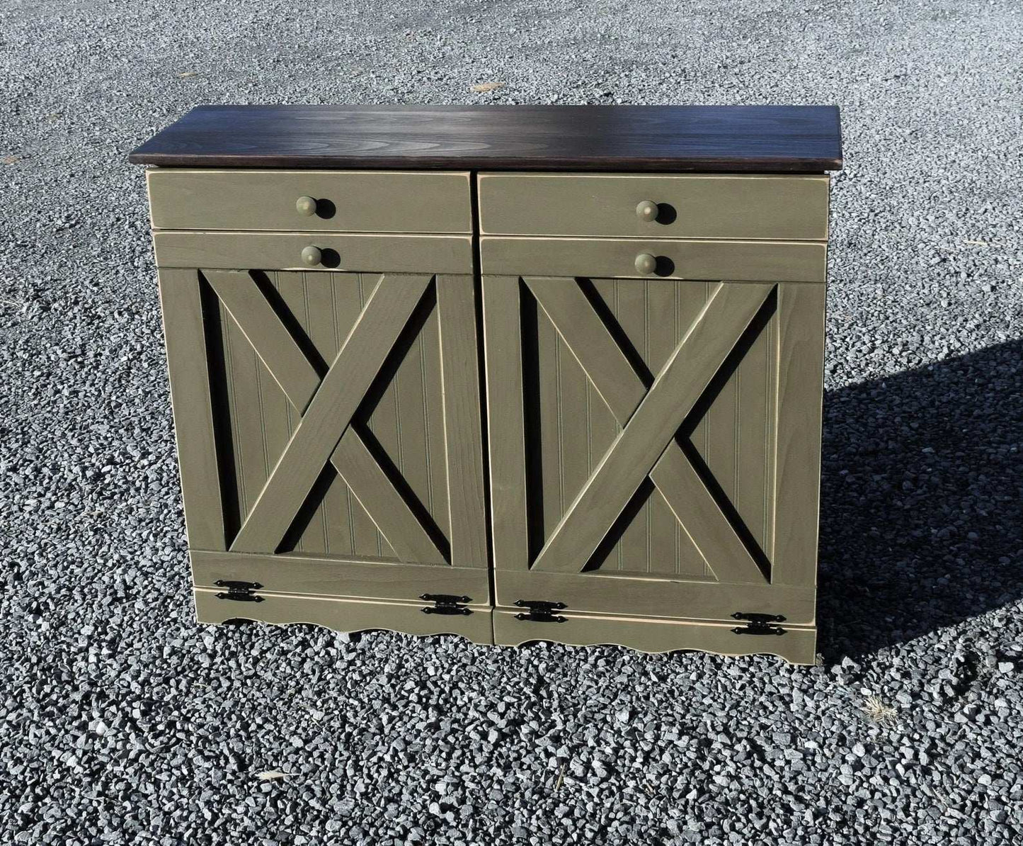 olive green and tobacco brown double trash bin xl x door