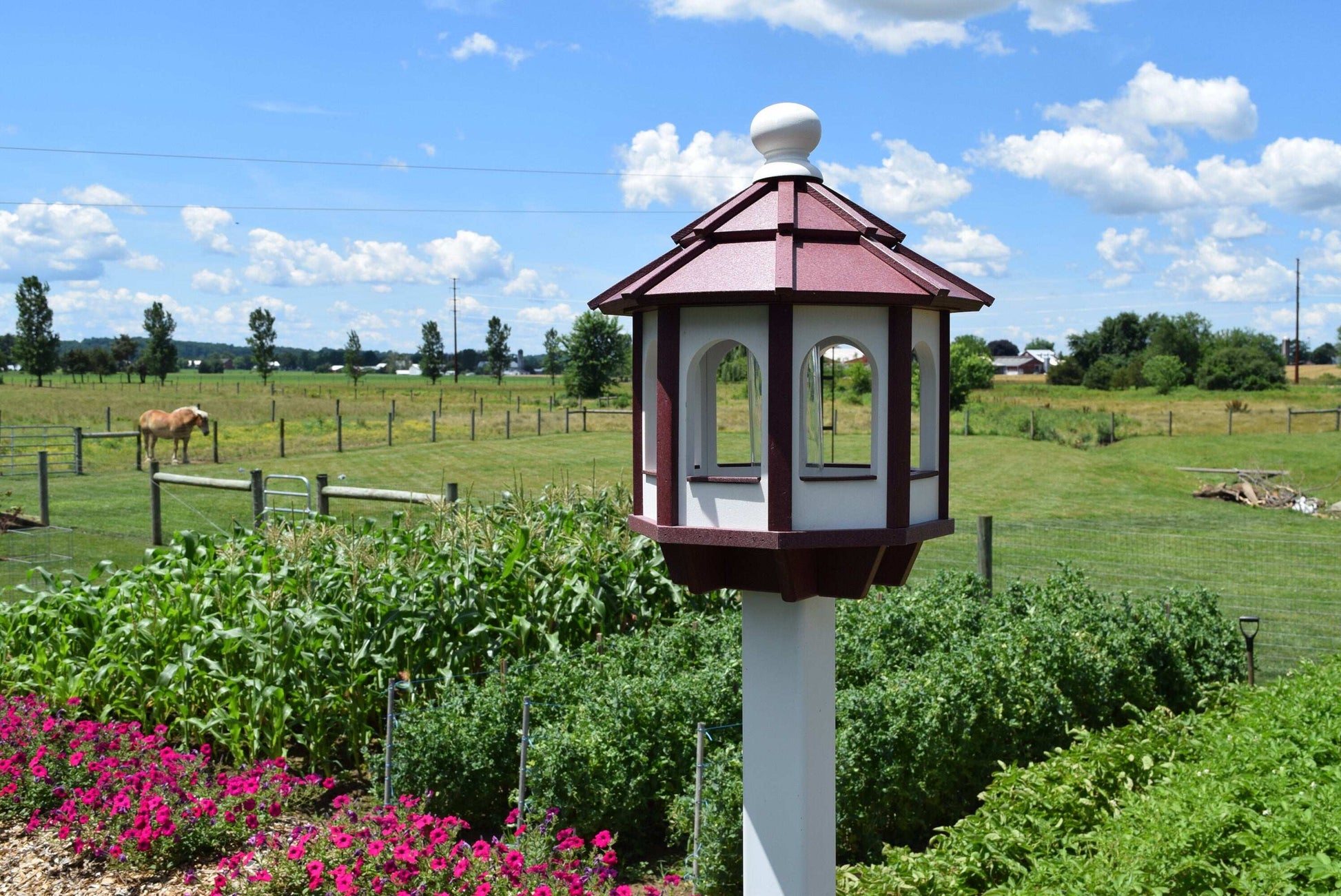octagon poly bird feeder white and red