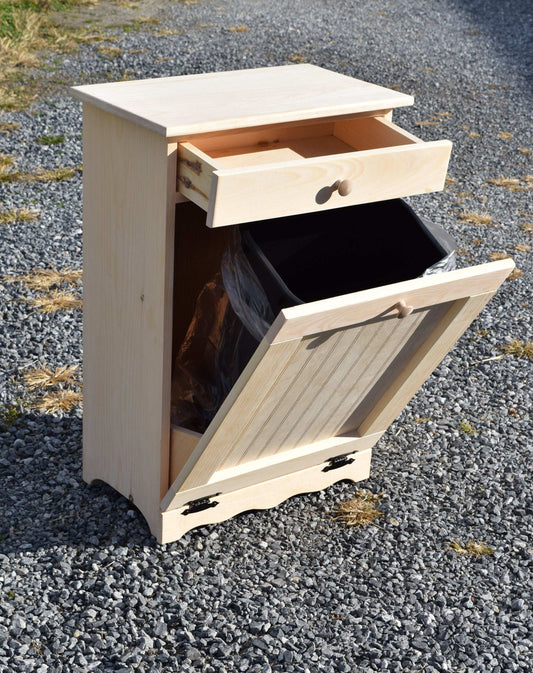 unfinished trash bin open door and open drawers standard door