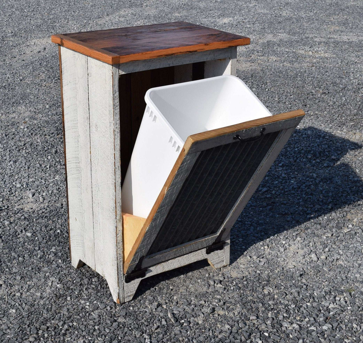 open door on white reclaimed trash bin