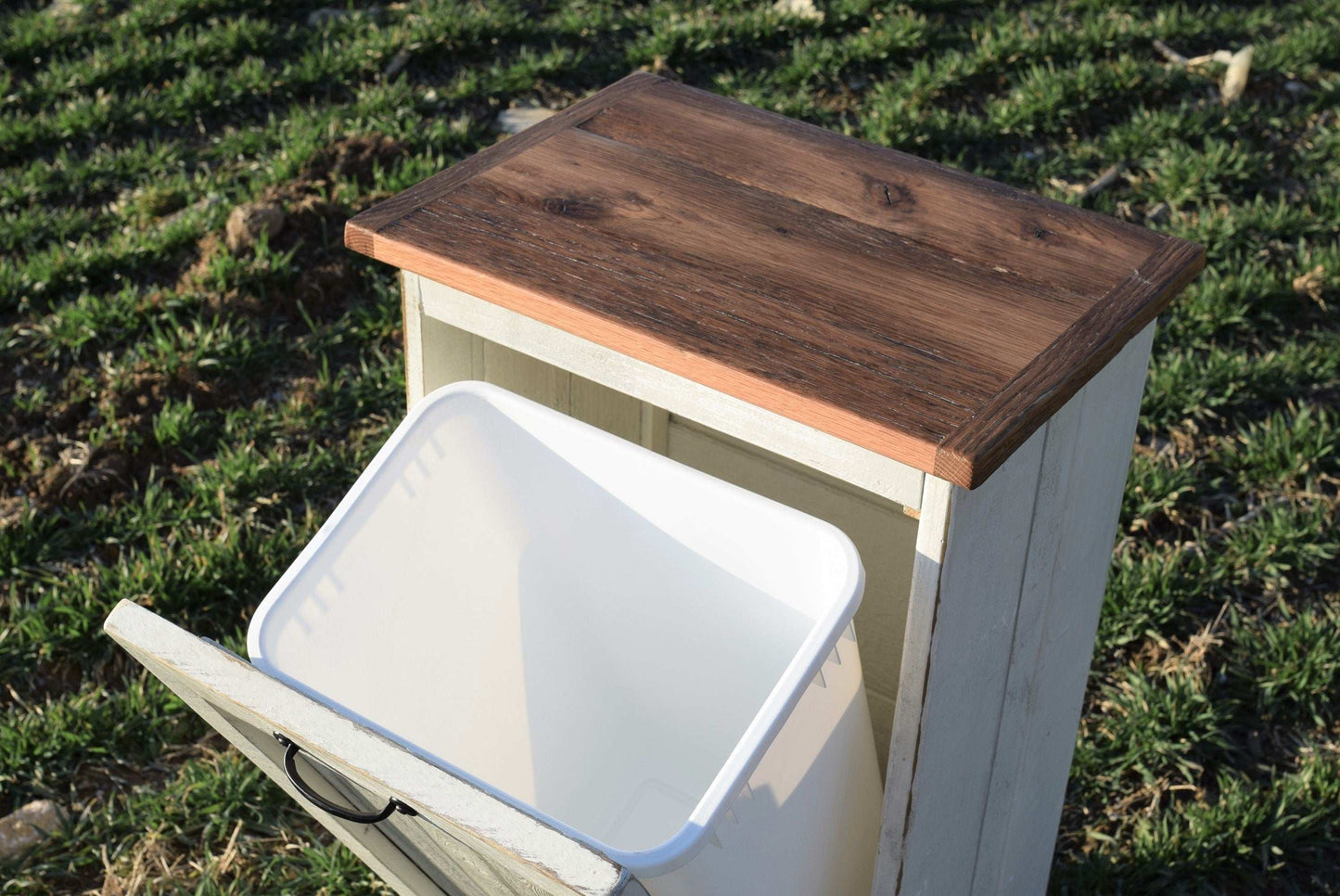 open door rustic reclaimed trash bin