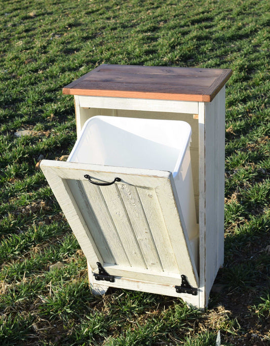 open door rustic white reclaimed trash bin