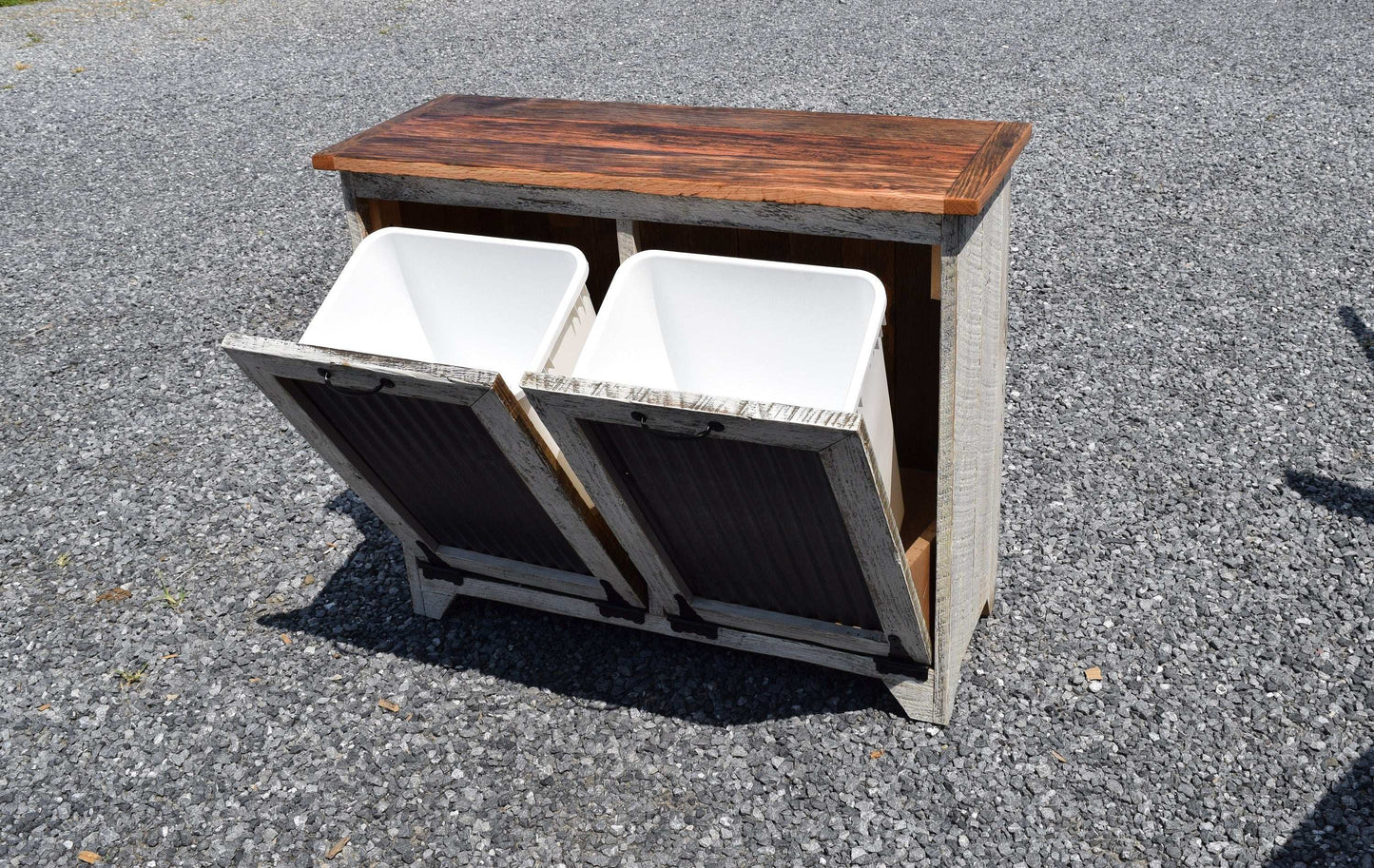 open doors reclaimed double trash bin