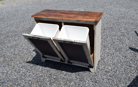 open doors reclaimed double trash bin