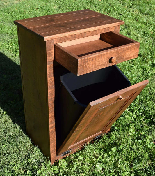 open drawer and open door rustic special walnut amish trash bin